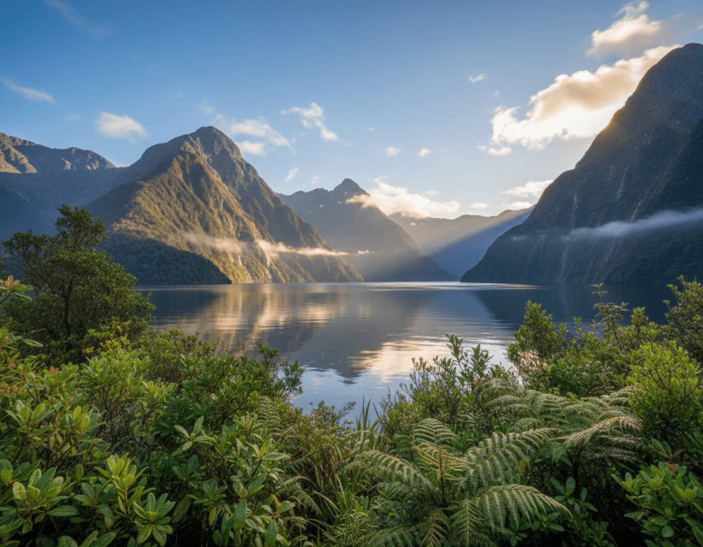 A breathtaking landscape of Doubtful Sound, New Zealand, showcasing the ideal weather conditions for travel. In the foreground, lush green vegetation thrives, with droplets of dew visible on vibrant leaves, suggesting morning freshness. In the middle, the tranquil waters of the fjord mirror the surrounding towering mountains, partially shrouded in soft mist that hints at a mild, sunny day. Light filters through scattered clouds, casting gentle reflections on the surface of the water. The background features jagged peaks under a bright, blue sky with a few fluffy white clouds, creating a serene and inviting atmosphere. The overall mood is peaceful and rejuvenating, emphasizing the natural beauty and appeal of Doubtful Sound in optimal weather for exploration.