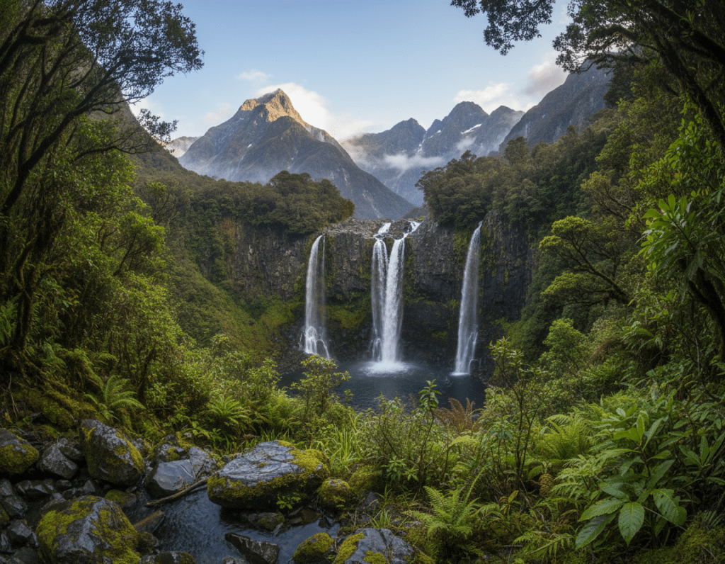 A breathtaking landscape showcasing the stunning waterfalls of Doubtful Sound, New Zealand. In the foreground, lush greenery from the vibrant rainforest frames the scene, with moss-covered rocks glistening in the mist from the cascading waterfalls. The middle ground features multiple tiers of waterfalls tumbling down rugged cliffs, their crystal-clear waters contrasting against dark volcanic rock. In the background, majestic mountains rise, their peaks shrouded in wispy clouds under a gentle blue sky. The lighting is soft and diffused, capturing a serene and enchanting atmosphere. Use a wide-angle lens to emphasize the expansive view, creating a sense of depth and immersion in this untouched natural paradise.
