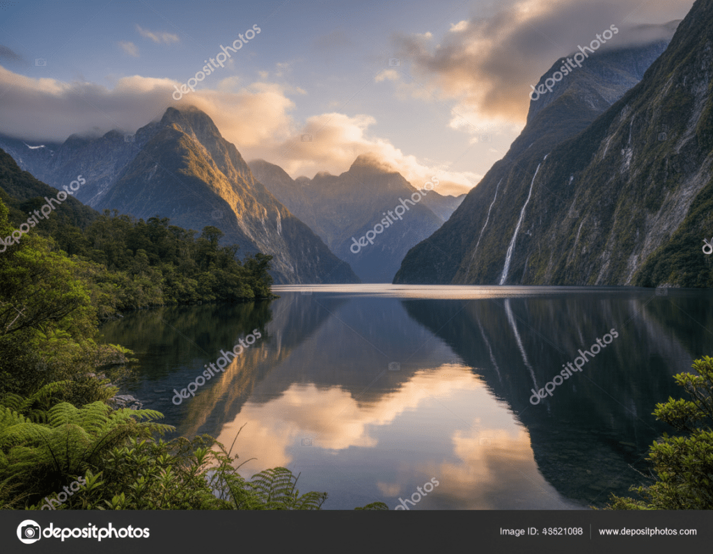 A breathtaking view of Doubtful Sound in New Zealand during sunrise. In the foreground, gentle ripples of water mirror the stunning surrounding landscapes, with lush green foliage framing the edges. The middle ground features majestic, steep cliffs adorned with waterfalls cascading down into the serene fjord. In the background, clouds hover low over the mountains, partially obscuring their peaks, creating a sense of mystery. Soft, golden sunlight breaks through the clouds, casting a warm glow across the scene, enhancing the vivid colors of the mountains and water. The atmosphere is tranquil yet awe-inspiring, inviting viewers to contemplate the grandeur of nature. The image is captured from a low angle, reflecting the vastness of the fjord and the towering cliffs above, framed without any human presence or text.