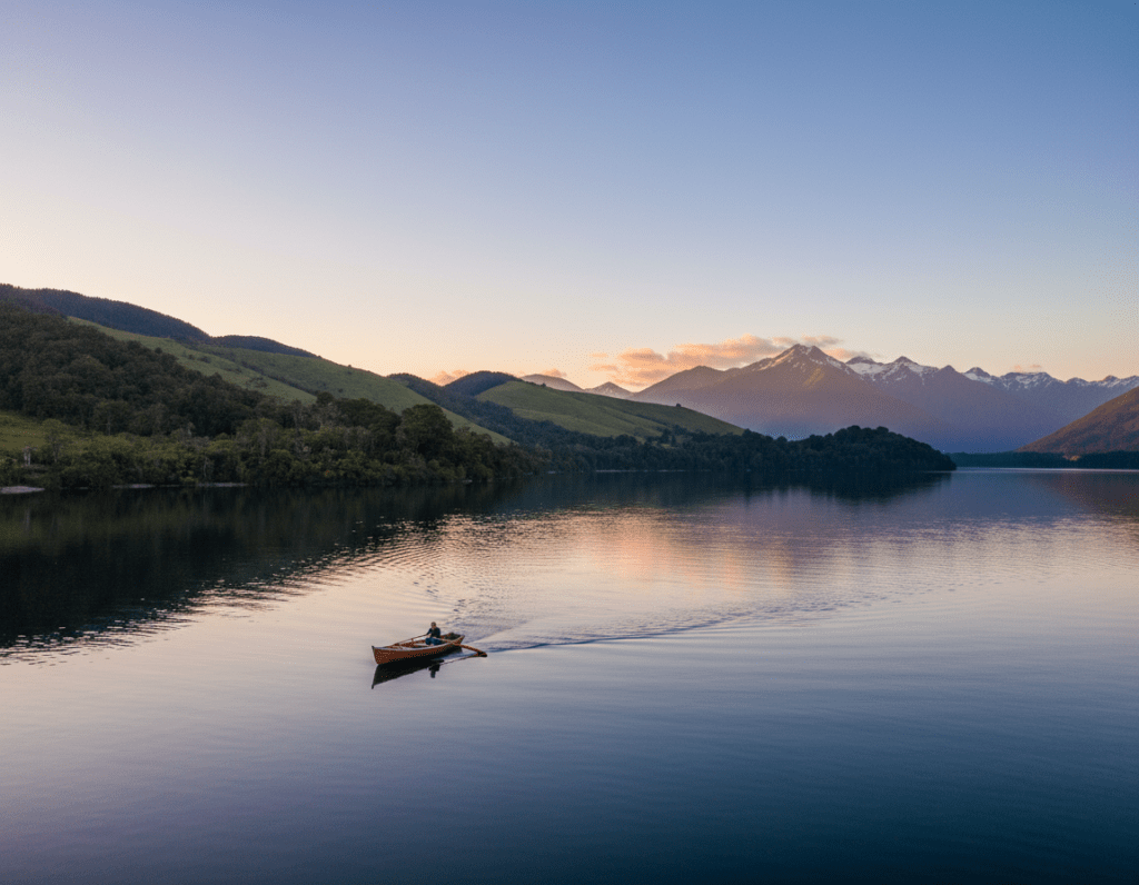 A breathtaking view of Lake Manapouri in New Zealand during a serene sunrise. In the foreground, gentle ripples disturbed by a small wooden boat gliding across the lake, reflecting soft hues of orange and pink. The middle ground features lush green hills, dotted with native flora, gently sloping down to the water’s edge. In the background, the majestic peaks of the Southern Alps loom under a clear, blue sky. The warm light of dawn casts a golden glow on the landscape, creating a tranquil and inviting atmosphere. The scene captures the natural beauty and the essence of adventure, evoking a sense of exploration and connection with nature. The photograph should be taken with a wide-angle lens to encompass the vastness of the landscape, emphasizing both the lake’s serenity and the mountains’ grandeur.