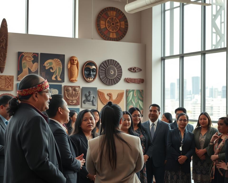 A contemporary Māori gathering in an urban community center, showcasing a blend of traditional and modern influences. In the foreground, a group of Māori individuals dressed in professional business attire, engaged in a discussion, exuding pride in their cultural identity. The middle layer features artwork and Māori carvings decorating the walls, reflecting their cultural renaissance. In the background, large windows allow natural light to flood the space, revealing glimpses of a vibrant city skyline, symbolizing their active role in modern society. The atmosphere is warm and inviting, with soft, ambient lighting creating a sense of community and empowerment. Emphasize the unity and strength of the Māori people in today’s political and educational landscape.