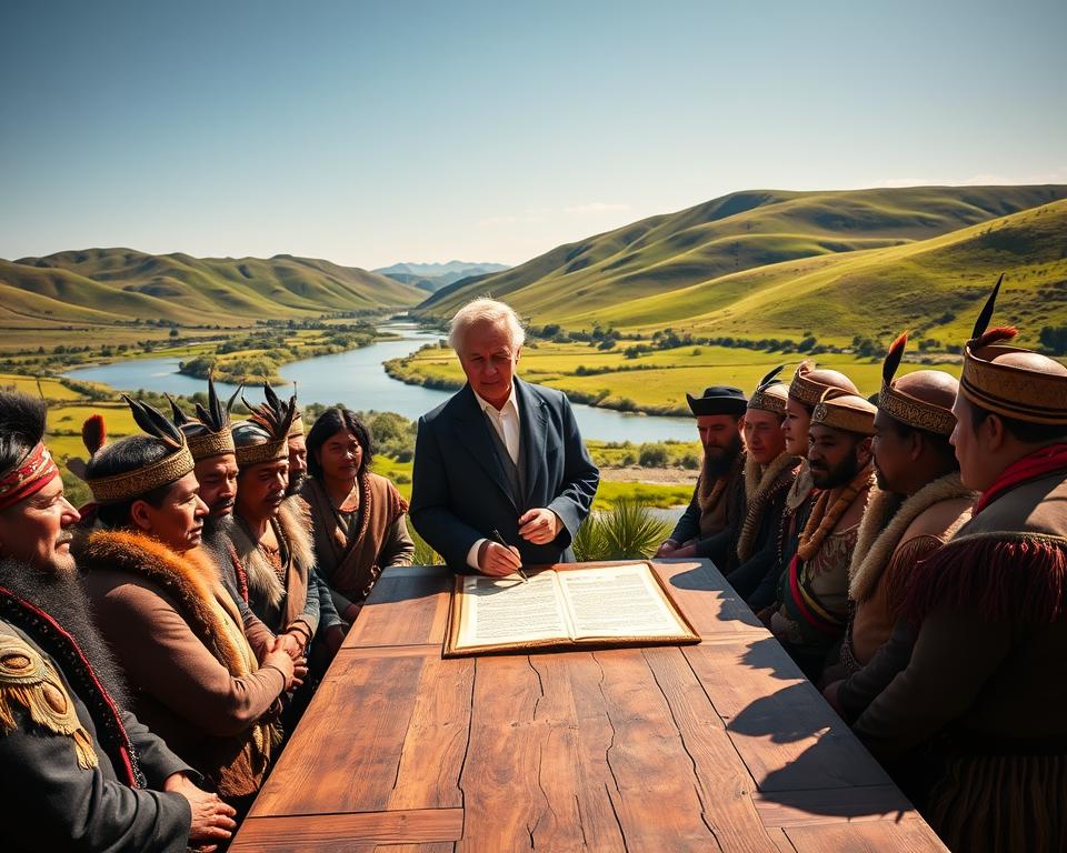 A historical depiction of the signing of the Treaty of Waitangi, set in a lush, green landscape of New Zealand. In the foreground, a diverse group of Māori chiefs, dressed in traditional attire, are gathered around a wooden table. Their expressions convey a mix of hope and uncertainty. In the middle-ground, a British representative, attired in formal 19th-century clothing, stands with a pen poised over the document, emphasizing the moment of decision. The background features gentle rolling hills and a tranquil river, under a bright, clear sky that enhances the atmosphere of significance and tension. The lighting is soft and warm, casting gentle shadows, creating a feeling of historical gravitas. Capture the essence of cultural conflict and collaboration in this pivotal moment in New Zealand’s history.