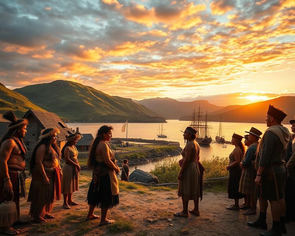 A historical scene depicting the encounter between Māori and European explorers in New Zealand during the 18th and 19th centuries. In the foreground, a group of Māori people in traditional clothing engage with European settlers dressed in period-appropriate attire, showcasing a respectful and curious interaction. The middle ground features a rustic coastal village with traditional Māori architecture and European ships anchored in the bay, hinting at the emerging exchange of cultures. The background reveals lush green hills under a vibrant sky at sunset, casting a warm, golden light over the scene, creating a mood of transformation and hope. Use a wide-angle lens to capture the breadth of the environment, emphasizing the significance of this historical moment.