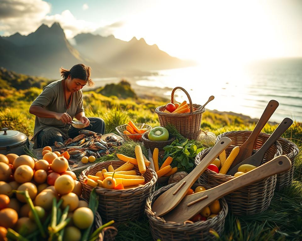 A lush, scenic view of a traditional Māori food gathering scene set in a verdant New Zealand landscape. In the foreground, a Māori individual in modest traditional attire skillfully preparing freshly caught seafood, surrounded by an array of native fruits and vegetables, such as kūmara and pōhara. In the middle ground, a close-up of woven baskets filled with vibrant produce, alongside hand-carved wooden tools symbolizing ancestral craftsmanship. The background features towering mountains and a serene coastline, with gentle waves lapping at the shore under soft, golden sunlight, creating a warm and inviting atmosphere. Capture the essence of connection to land and heritage, emphasizing practicality and community. Use a shallow depth of field to focus on the foreground while softly blurring the background for an atmospheric effect.