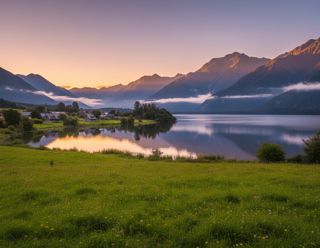 A panoramic view of Manapouri, New Zealand, capturing a serene landscape. In the foreground, lush green fields dotted with wildflowers blend into the tranquil waters of Lake Manapouri, reflecting the soft hues of a glowing sunset. In the middle ground, quaint houses with wooden façades stand nestled among the trees, hinting at a cozy community. The background showcases the majestic Fiordland mountains, partially shrouded in mist, with their rugged peaks bathed in golden light. The atmosphere is calm and inviting, creating a sense of adventure and exploration. The scene is captured with a wide-angle lens to emphasize the vastness, using warm, soft lighting to evoke a peaceful feeling, ideal for travelers seeking inspiration for their journey.