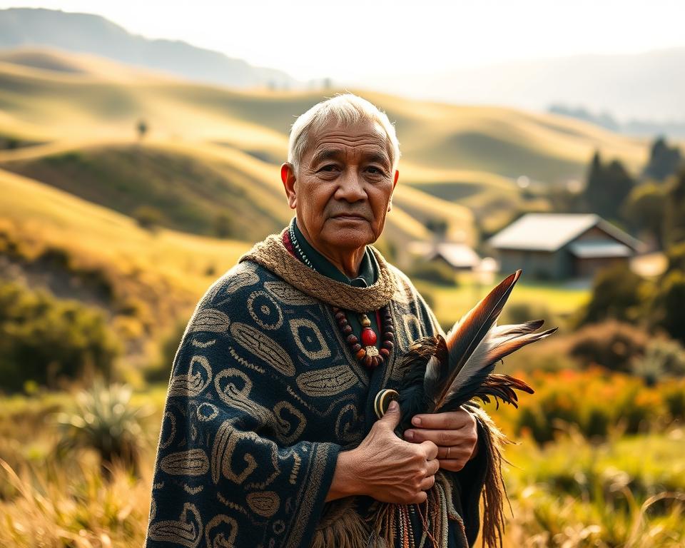 A portrait of a Māori elder, showcasing traditional facial tattoos, wearing a beautifully woven korowai (cloak) adorned with feathers. In the foreground, the elder is positioned with a dignified posture, holding a taonga (cultural treasure) that reflects Māori heritage. The middle ground features a lush New Zealand landscape with rolling hills, native flora, and a hint of a marae (meeting house) in the distance, symbolizing community and culture. The background is softly blurred, emphasizing the elder, while the sunlight filters through the trees to create a warm, inviting atmosphere. The scene conveys a sense of respect, tradition, and the vibrant diversity of Māori culture today, with a depth of field that draws the viewer's eye toward the elder's wise expression.