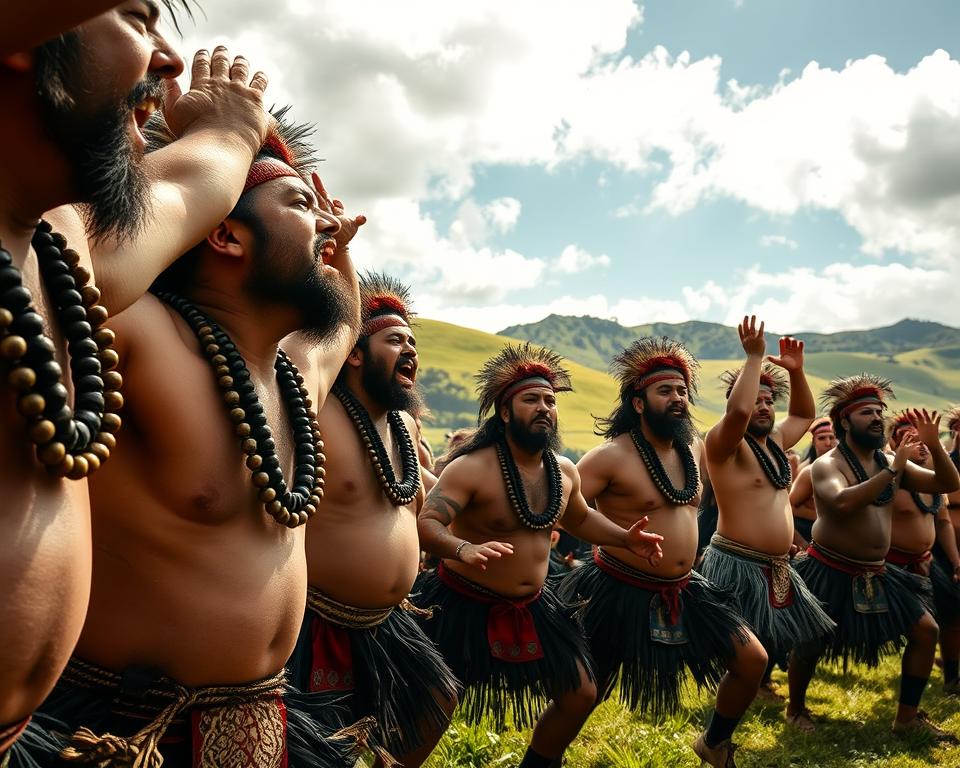 A powerful scene depicting a traditional Haka performance, emphasizing the cultural significance and emotional depth of the ritual. In the foreground, a group of Māori warriors in traditional attire, adorned with intricate patterns and necklaces, fiercely performing the Haka with expressive facial expressions. Their powerful stances and dynamic movements convey pride and history. In the middle ground, a lush green landscape of New Zealand's rolling hills can be seen, adding to the cultural ambiance. In the background, soft sunlight filters through scattered clouds, creating a warm and inviting atmosphere. The image is captured with a wide-angle lens, emphasizing the intensity of the performance and the beauty of the natural setting, evoking a sense of reverence and connection to history and culture.