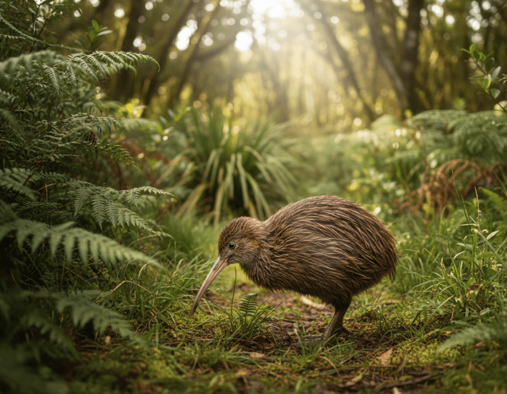 A serene and detailed portrait of a New Zealand kiwi bird in its natural habitat. In the foreground, showcase a kiwi with its distinctive brown, shaggy feathers and long, slender beak, foraging through lush green foliage. In the middle ground, include a variety of native New Zealand plants, such as ferns and grasses, to provide a rich and vibrant setting. The background should feature soft, diffused sunlight filtering through the trees, creating a warm, inviting atmosphere. Use a shallow depth of field to keep the focus on the kiwi while softly blurring the background, evoking a sense of tranquility and connection to nature. The overall mood of the image should be peaceful and enchanting, showcasing the unique charm of this iconic bird.