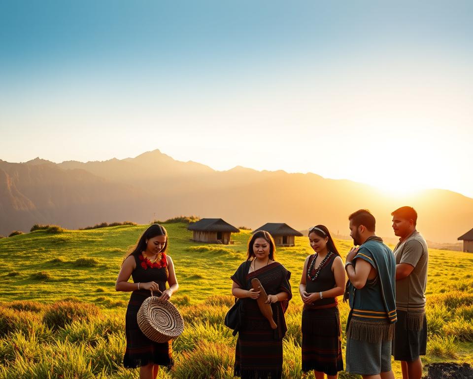 A serene landscape showcasing Māori culture in Aotearoa (New Zealand). In the foreground, a group of four people dressed in modest, traditional Māori attire engages respectfully with a woven flax basket and a carved wooden object, symbolizing cultural heritage. In the middle, a lush green hillside is dotted with traditional wharenui (meeting houses) featuring intricate carvings and the essence of Maori storytelling. The background reveals majestic mountains under a soft, golden light of sunset, casting long shadows and creating a warm, inviting atmosphere. The scene captures a harmonious blend of human interaction with nature, emphasizing respect and appreciation for Māori traditions. The overall mood is peaceful and reflective, encouraging cultural understanding and connection.
