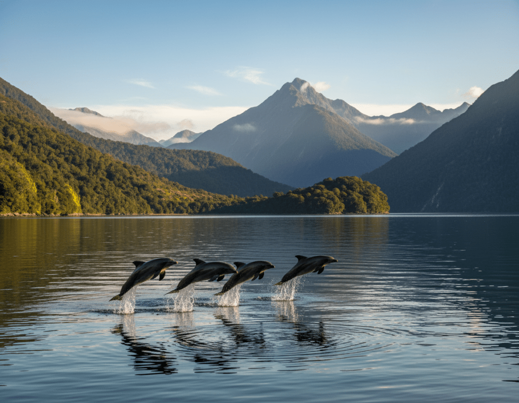 A serene scene in Doubtful Sound, New Zealand, showcasing a playful pod of dolphins gracefully leaping out of the tranquil, azure water. In the foreground, the dolphins are captured mid-air, highlighting their sleek bodies glistening in the sunlight. The middle ground features lush green hillsides cascading down to the water's edge, dotted with vibrant wildflowers. In the background, misty mountains rise majestically under a clear blue sky, reflecting soft light from the late afternoon sun. The gentle ripples on the water add a sense of motion, while the atmosphere remains peaceful and captivating, embodying the natural beauty of the region. The image is shot with a wide-angle lens, emphasizing the expanse of the stunning landscape and the cheerful dolphins.