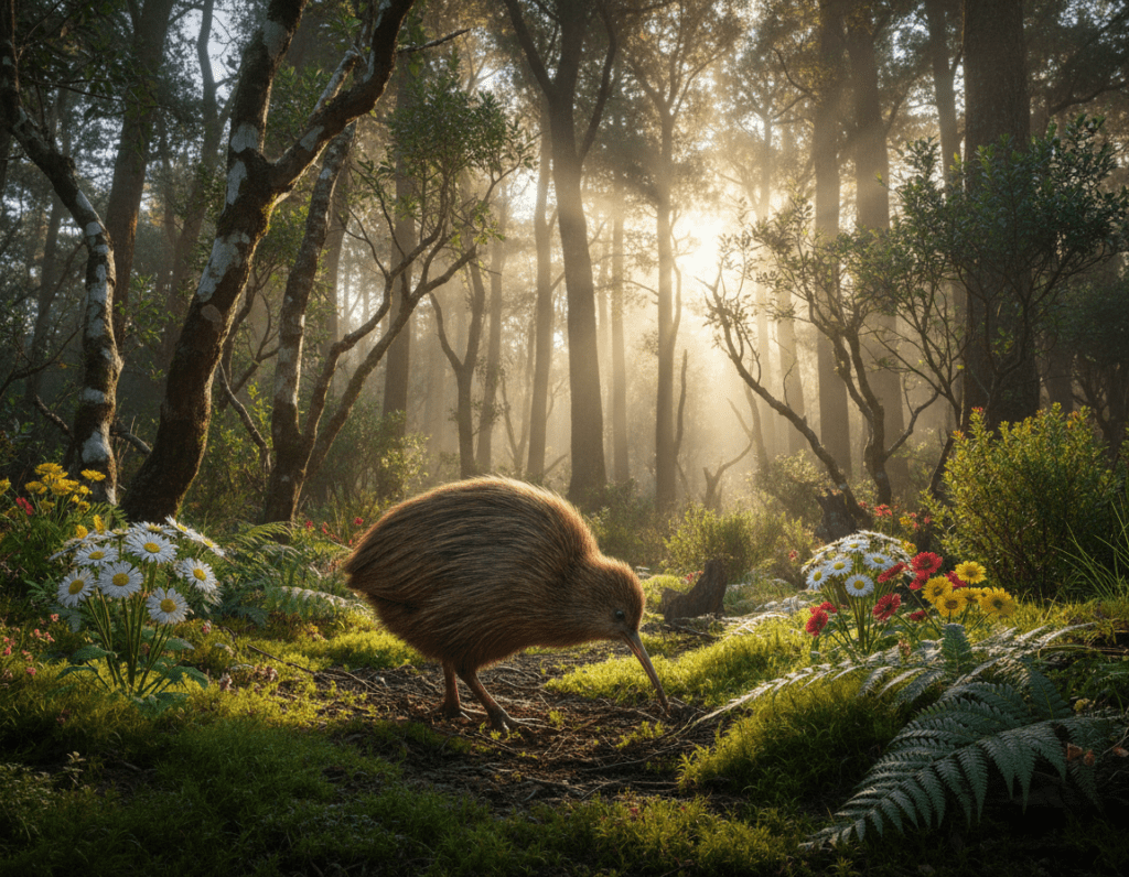 A tranquil New Zealand forest scene showcasing a kiwi in its natural habitat. In the foreground, a brown, feathery kiwi searches for food among lush, green ferns and soft moss. The middle ground features scattered native flora, such as manuka trees and vibrant, colorful flowers, providing a sense of biodiversity. The background is filled with tall, dense trees and dappled sunlight filtering through the leaves, creating a warm, inviting atmosphere. Capture the moment with a low-angle shot to emphasize the kiwi's unique silhouette and the lush greenery surrounding it. The overall mood should be serene and hopeful, reflecting the theme of conservation and coexistence in nature.