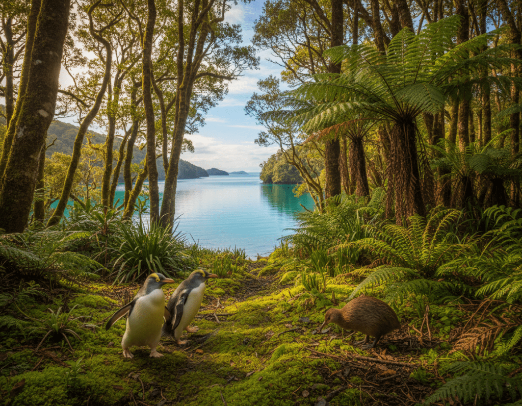 A tranquil scene on Ulva Island, New Zealand, showcasing the vibrant avian wildlife. In the foreground, a pair of rare yellow-eyed penguins waddles along a lush, moss-covered path, while nearby, a kiwi pecks gently at the forest floor, its brown feathers blending subtly with the underbrush. In the middle ground, tall ferns and native trees create an emerald canopy, dappled with soft sunlight filtering through leaves. The background reveals a glistening blue bay, with crystal-clear waters reflecting the serene sky. The atmosphere is peaceful and untouched, evoking a sense of discovery and connection to nature. Capture the scene with warm, natural lighting and a wide-angle view for a vivid sense of the island's beauty and biodiversity.