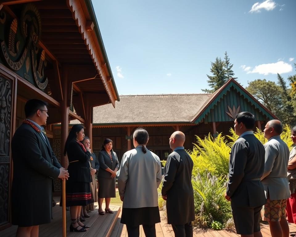 A vibrant, culturally rich scene depicting a traditional Marae in New Zealand. In the foreground, a group of Māori individuals dressed in modest, professional attire is engaged in a formal welcome ceremony. They are standing on a beautifully carved wooden porch, surrounded by intricate marae carvings that tell stories of lineage and heritage. The middle ground features the Marae building itself, showcasing its traditional architecture—large, beautifully painted gable ends with detailed sculptural elements. In the background, lush native vegetation typical of New Zealand, including ferns and native trees, under a clear blue sky. Soft, natural lighting creates a warm and inviting atmosphere, emphasizing respect and communal harmony as guests observe the cultural protocols in an engaging and respectful manner, captured with a slight upward angle to reflect the grandeur of the Marae.