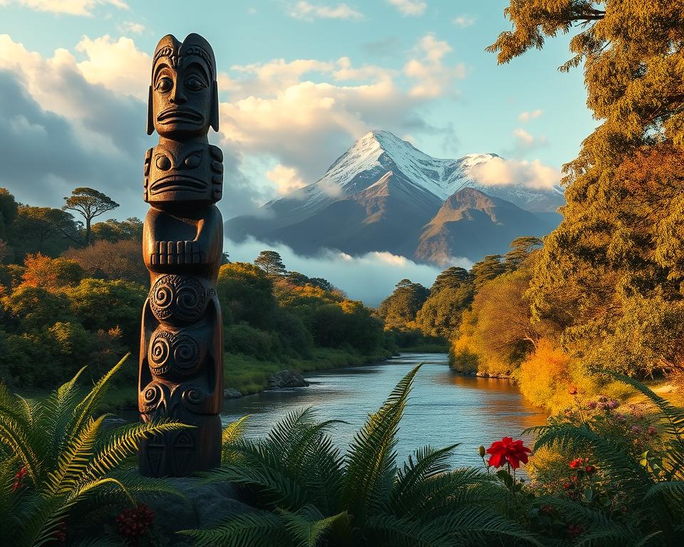 A vibrant scene depicting elements from Māori mythology, featuring a majestic mountain range in the background shrouded in mist, symbolizing the connection to the divine. In the foreground, a traditional Māori carving stands tall, intricately detailed with swirling patterns and representing ancestors. Surrounding the carving, lush ferns and native flora flourish, adding a sense of life and vibrancy. In the middle ground, a serene river reflects the sky, accentuated by the soft glow of early morning light, casting gentle shadows. The atmosphere is mystical and reverent, evoking a sense of wonder. Use warm, earthy tones to create a harmonious blend of nature and culture, with a slightly low camera angle to emphasize the sculpture's significance in the Māori worldview.