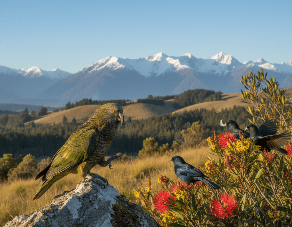 A vibrant scene showcasing a variety of unique New Zealand birds in their natural habitat. In the foreground, a colorful Kea with bright green and orange plumage playfully perched on a rocky ledge, looking inquisitive. Nearby, a pair of Tūī birds flit among the flowering native flora, their iridescent feathers glistening in the sunlight. In the middle ground, lush green hills roll under a clear blue sky, while a small glimpse of a dense forest hints at the biodiversity of the region. The background captures the distant silhouettes of snow-capped mountains, creating a dramatic contrast. The image is bathed in warm, natural lighting, suggesting a serene, sunny day, inviting viewers to explore the beauty of New Zealand’s avian world.