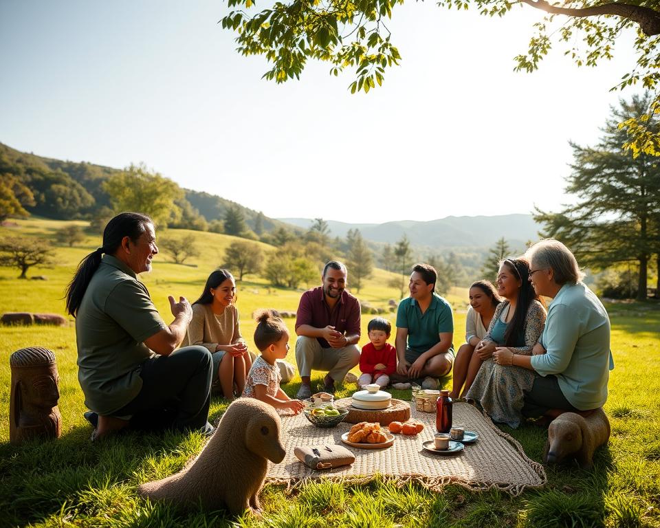 A warm and inviting scene depicting a Māori whānau gathering in a lush, green park. In the foreground, a diverse group of four generations of family members, dressed in modest casual clothing, engage in activities such as playing games and sharing food. The middle ground features traditional Māori carvings and a picnic setup with a woven mat, reflecting cultural heritage. In the background, gentle hills and trees create a serene atmosphere, with soft, golden sunlight filtering through the leaves. The mood is joyful and harmonious, emphasizing community and connection. Use a 50mm lens with natural lighting to capture the authenticity of the moment, aiming for a slightly elevated angle to encompass the lively interaction among the family members.